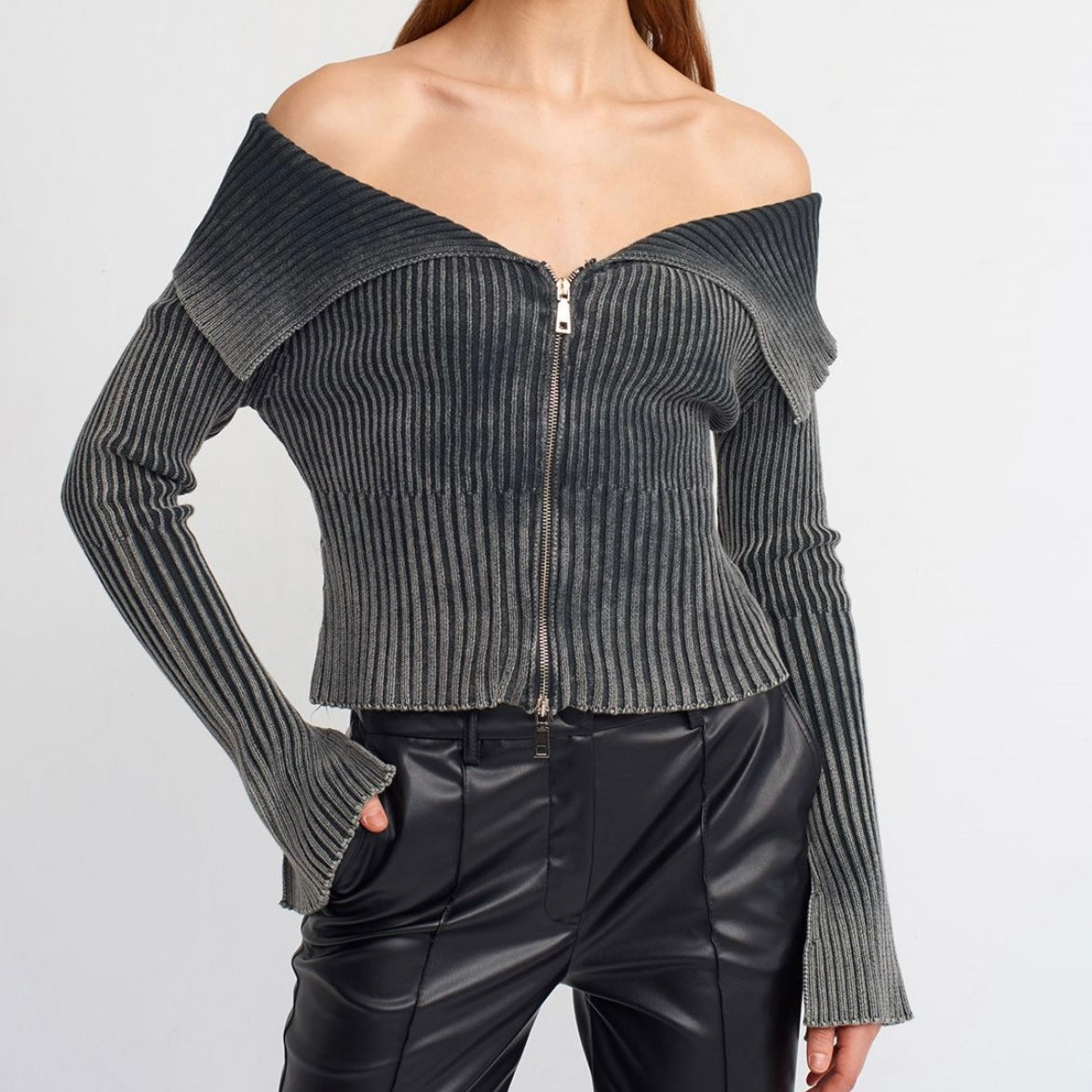 Gray Off-Shoulders Sweater Top