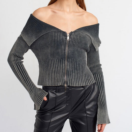 Gray Off-Shoulders Sweater Top