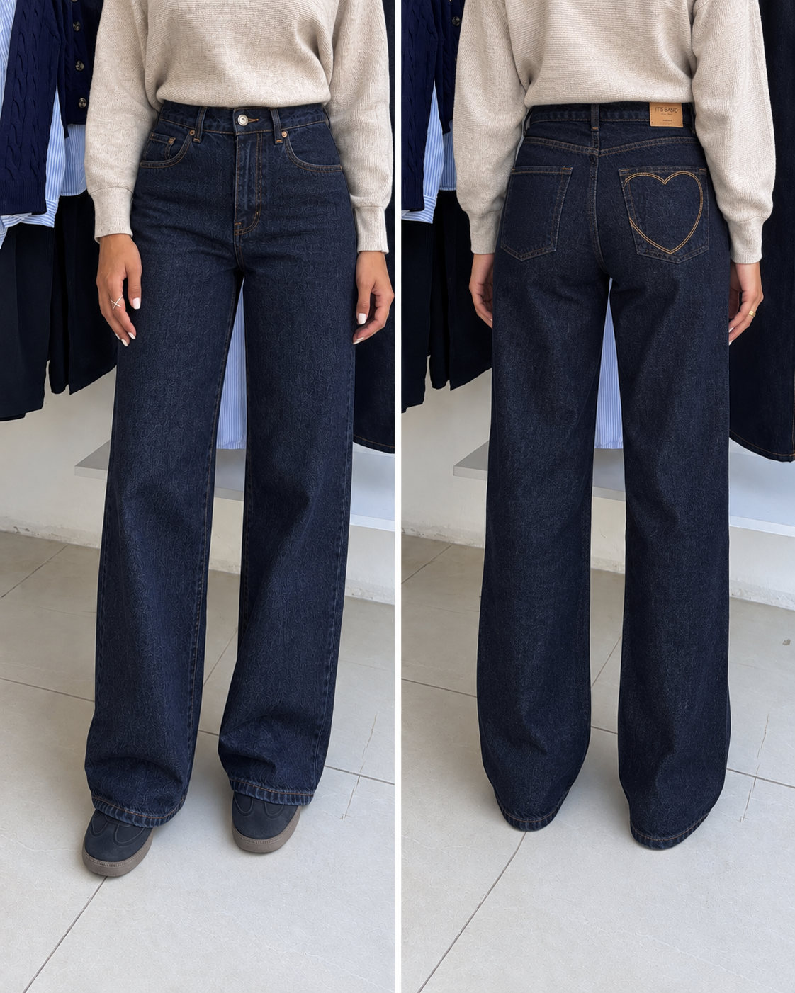 Heart Detail Navy Denim Pants