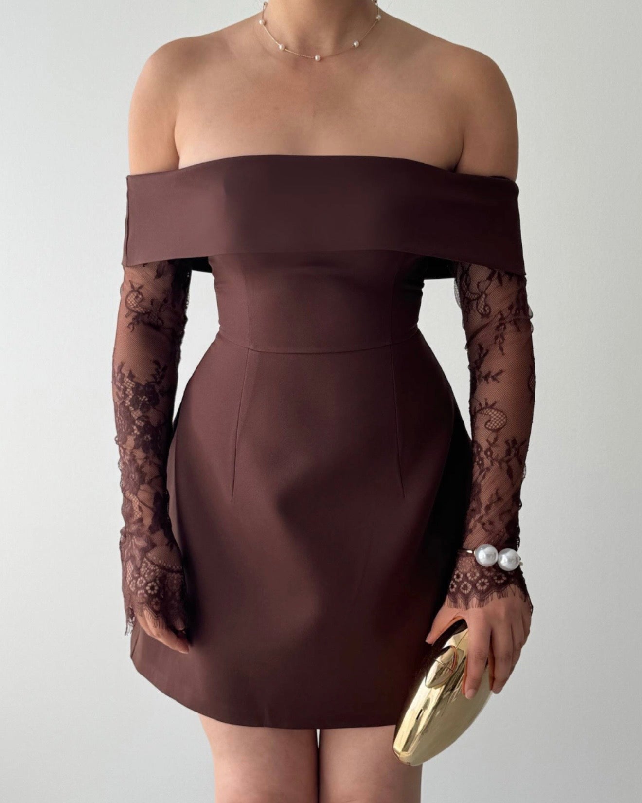 Brown Off-Shoulders Lace Dress