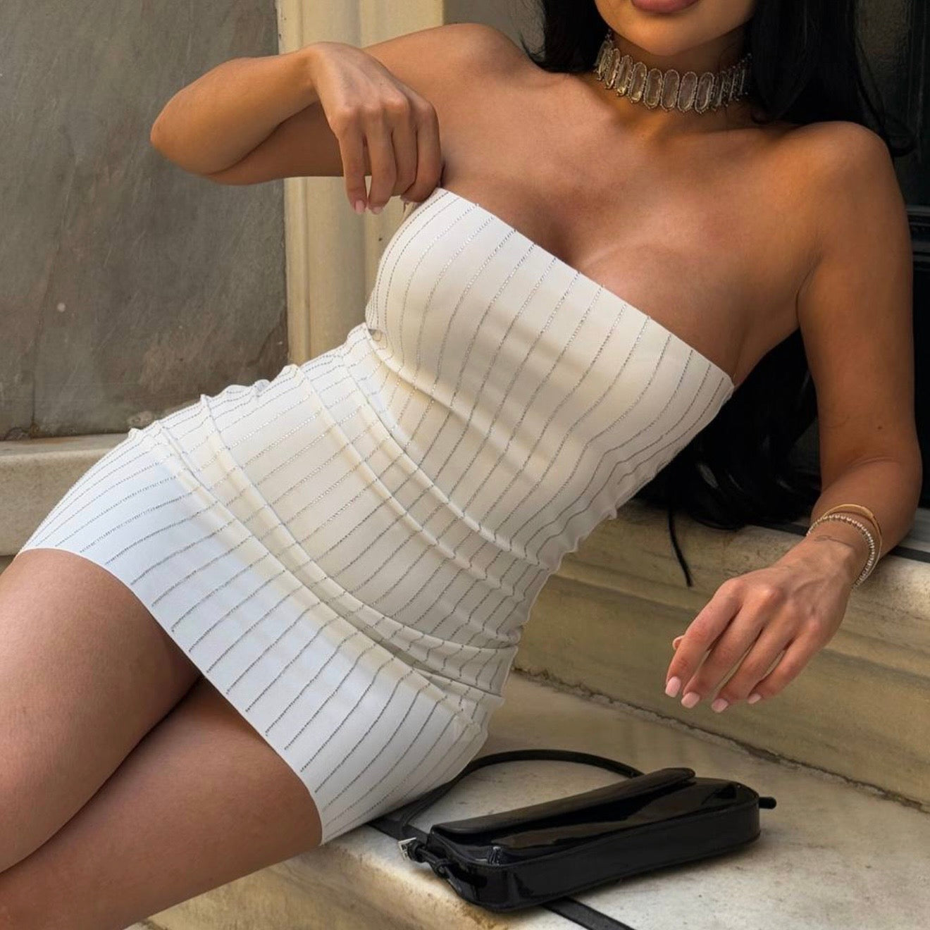 White Short RhineStones Dress