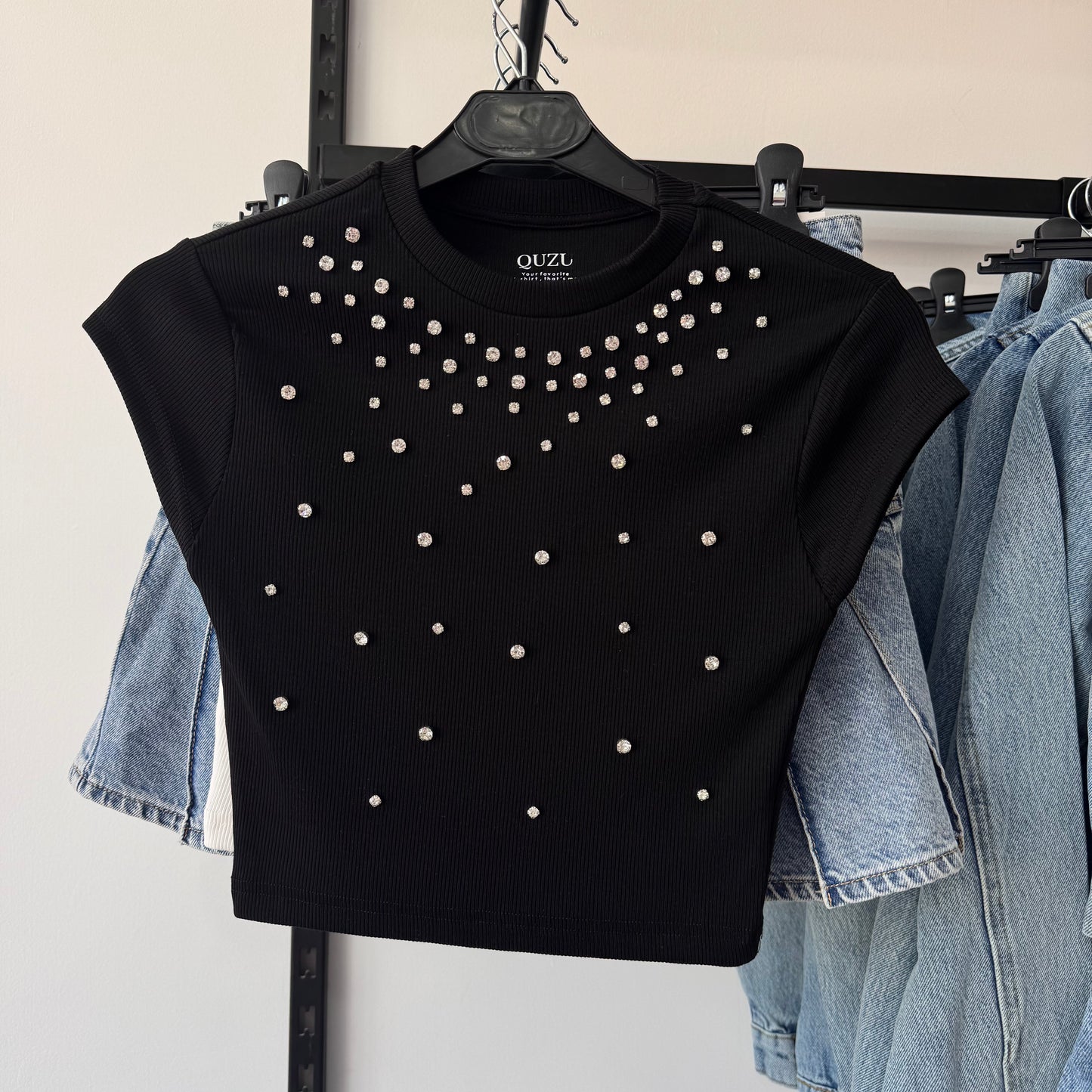 Black Rhinestones Crop Top