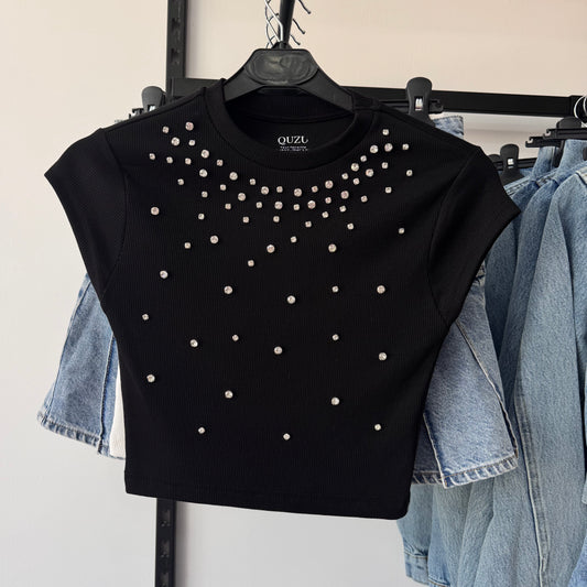 Black Rhinestones Crop Top