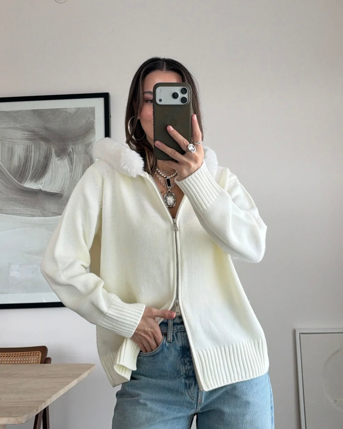 White Faux Fur Zip-Up Sweater