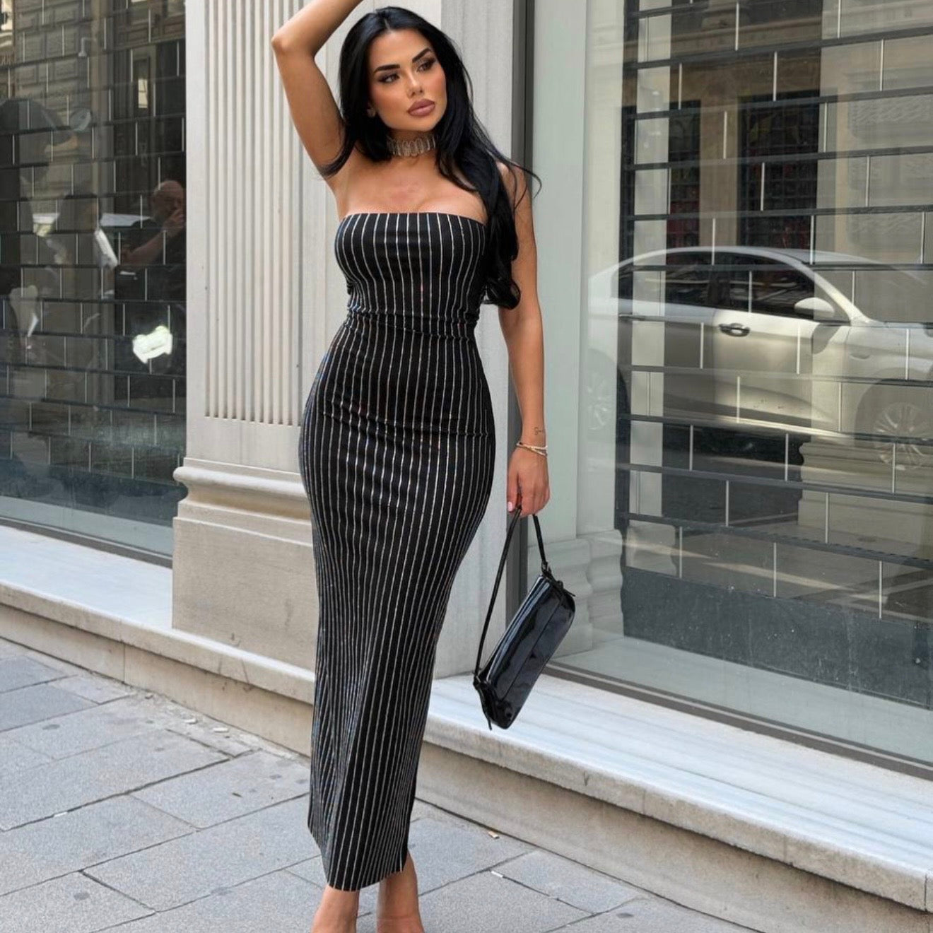 Black Long RhineStones Dress