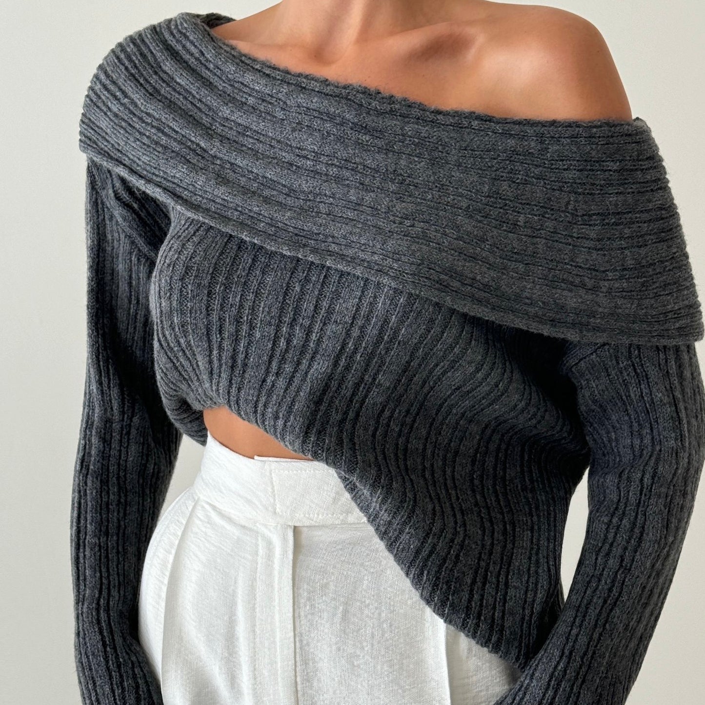 Dark Gray Off-Shoulders Sweater