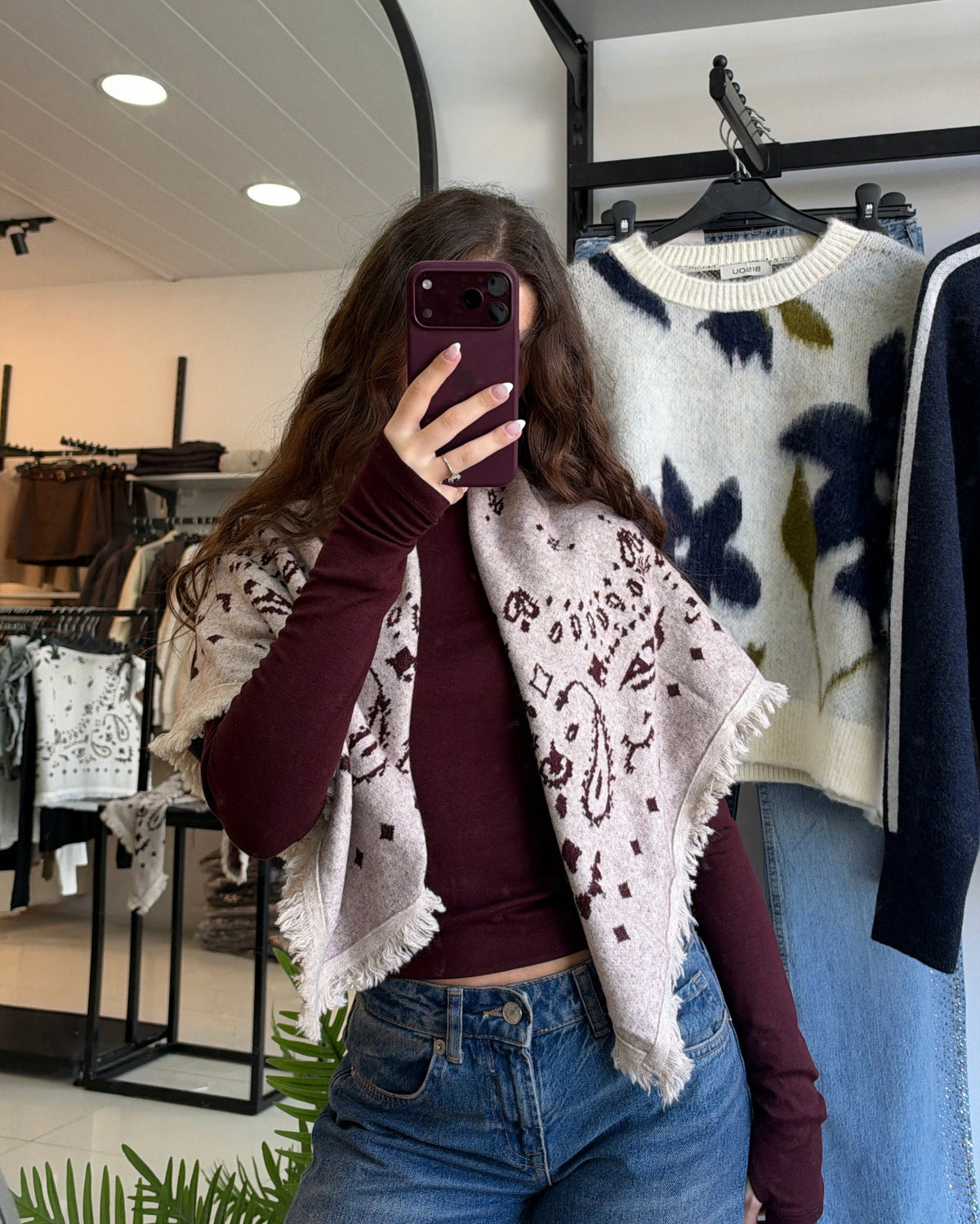 Beige And Burgundy Paisley Scarf