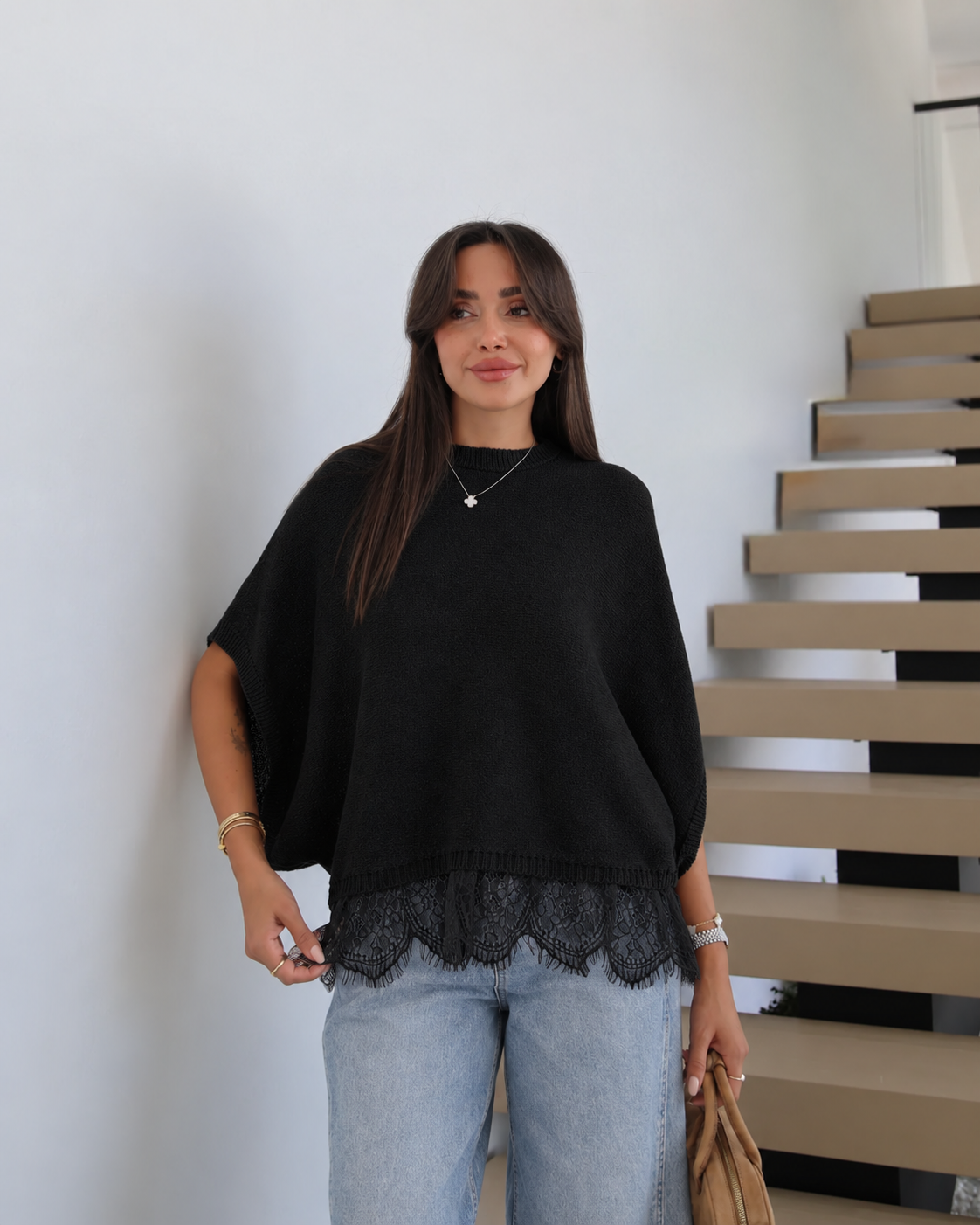Black Short Sleeve Knit Top With Lace