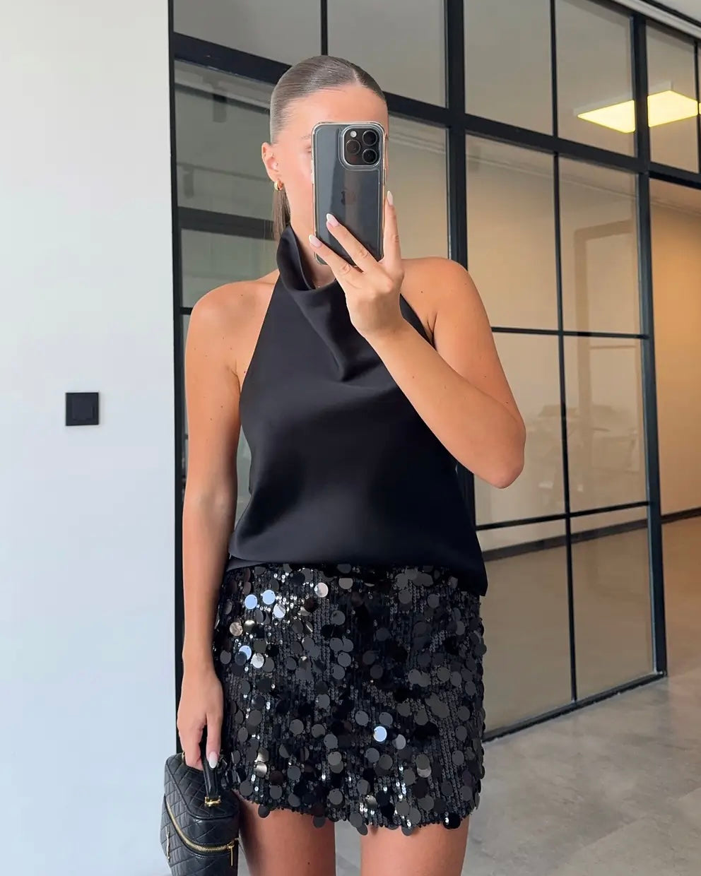 Black Satin Halter Top