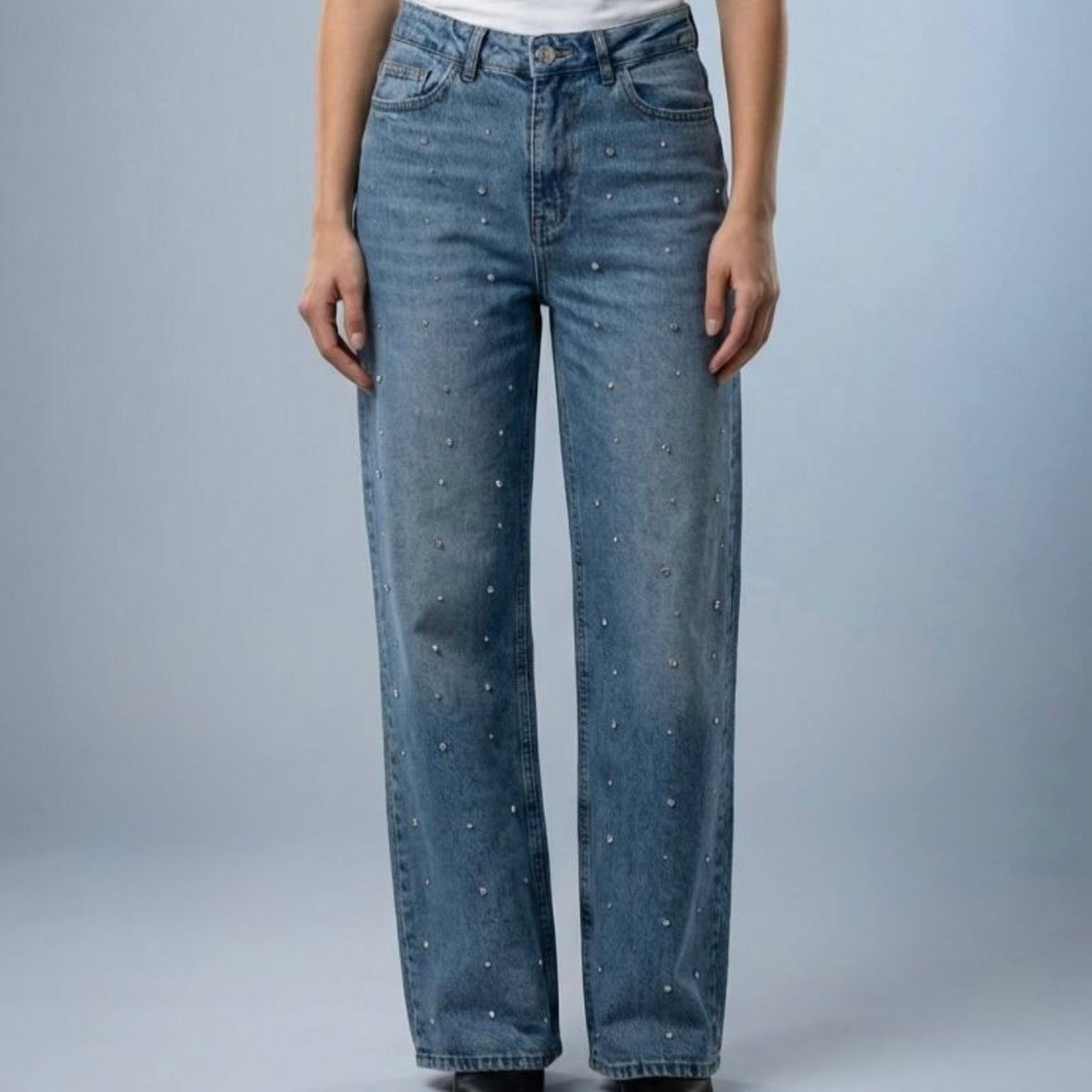 Blue Rhinestones Denim Pants