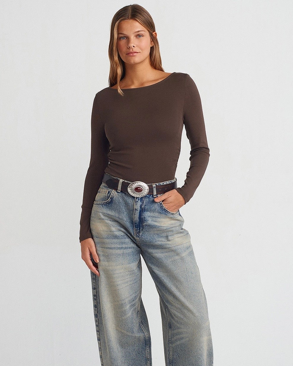 Brown Basic Ruched Top