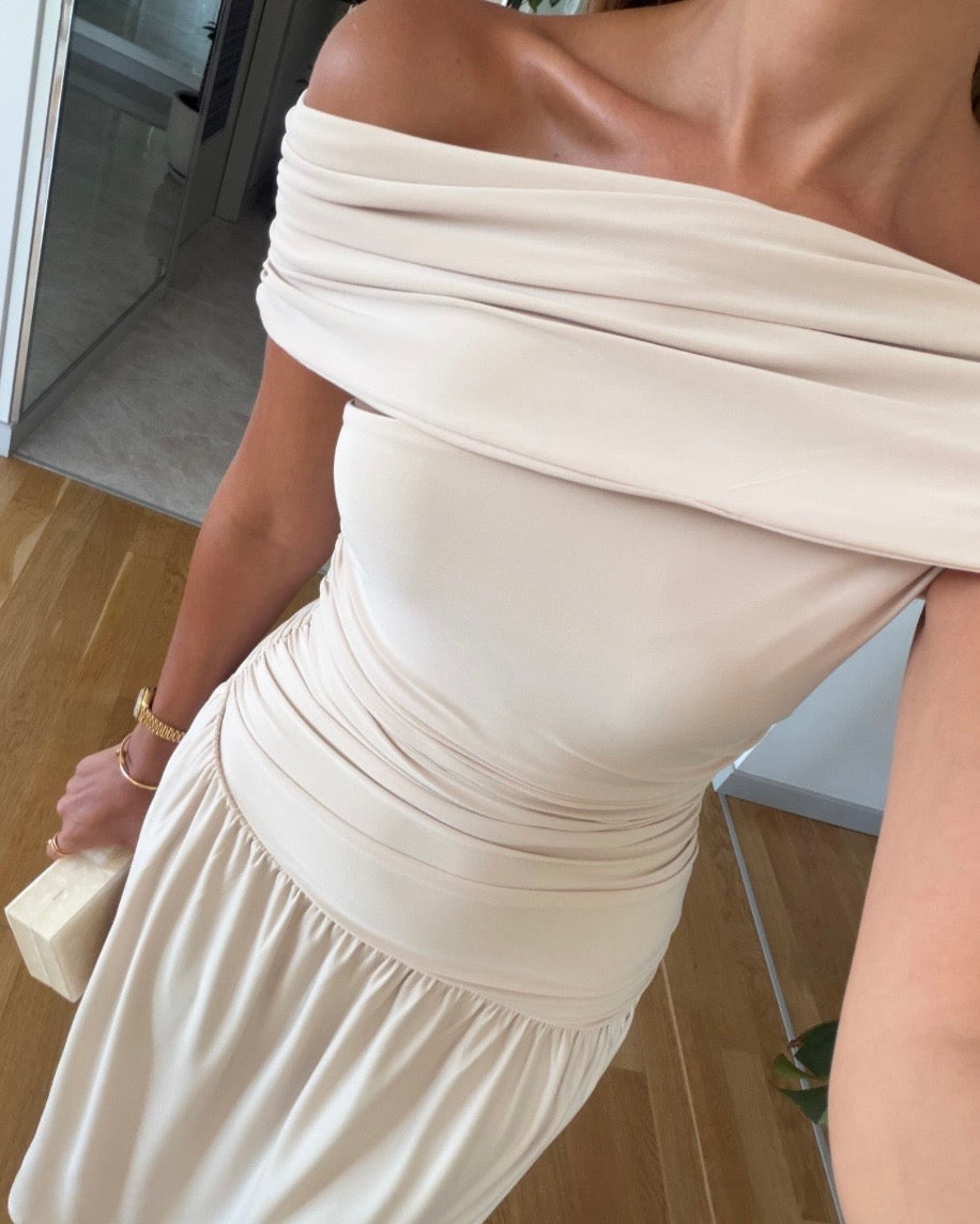 Beige Off-Shoulders Dress