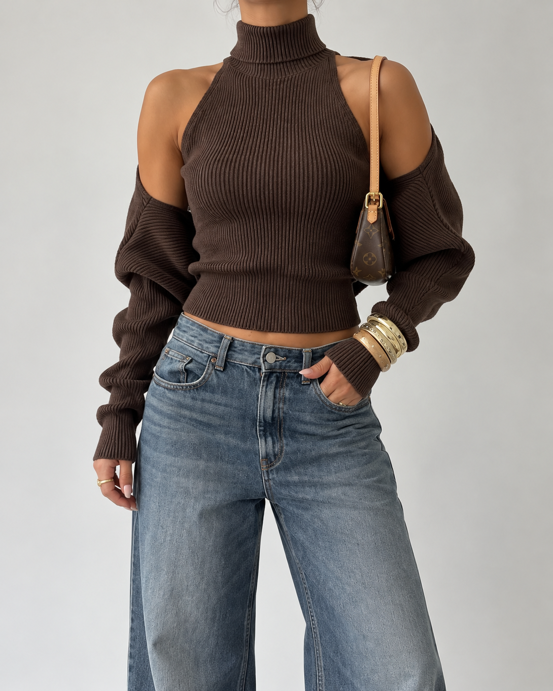 Brown 2 Pieces Wool Top