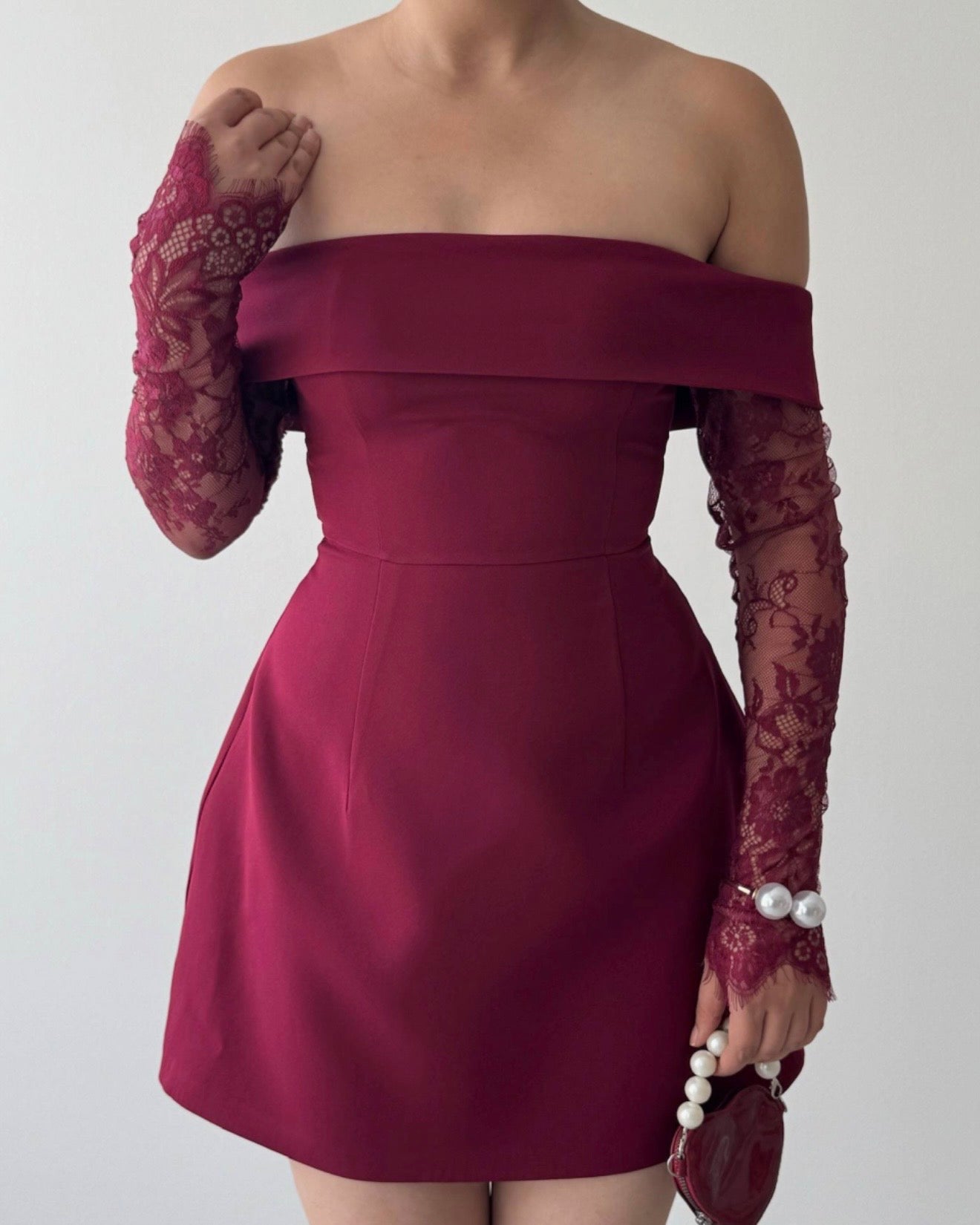 Burgundy Off-Shoulders Lace Dress