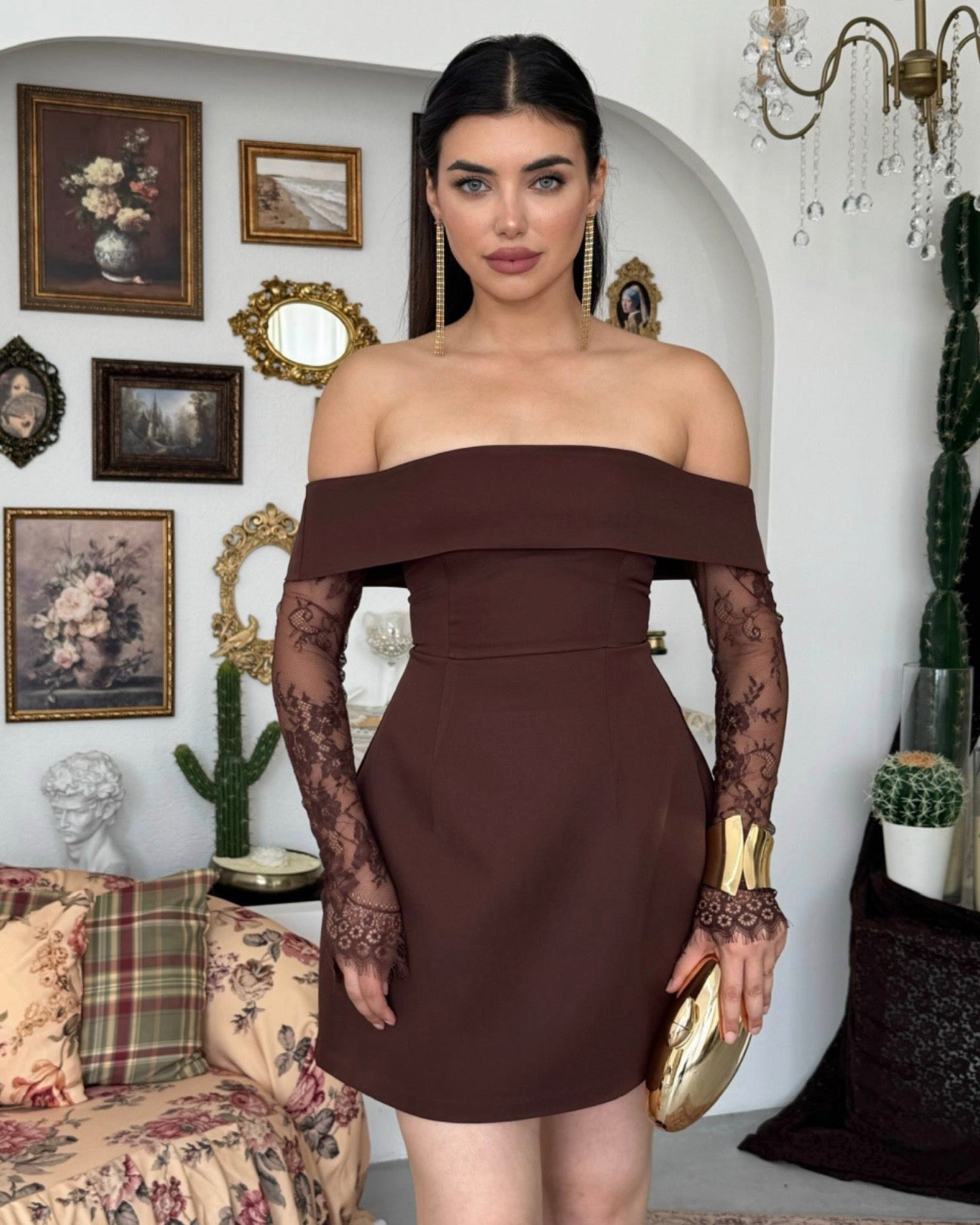 Brown Off-Shoulders Lace Dress