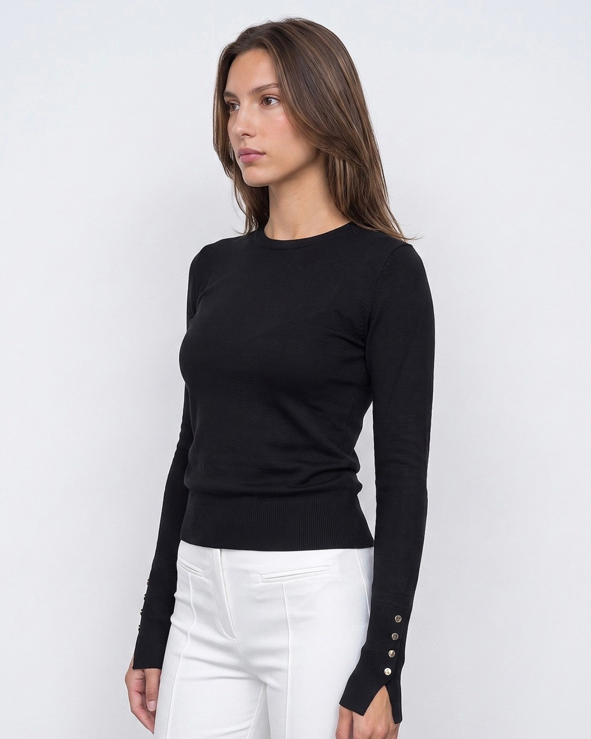 Black Basic Button Sleeves Knit Top