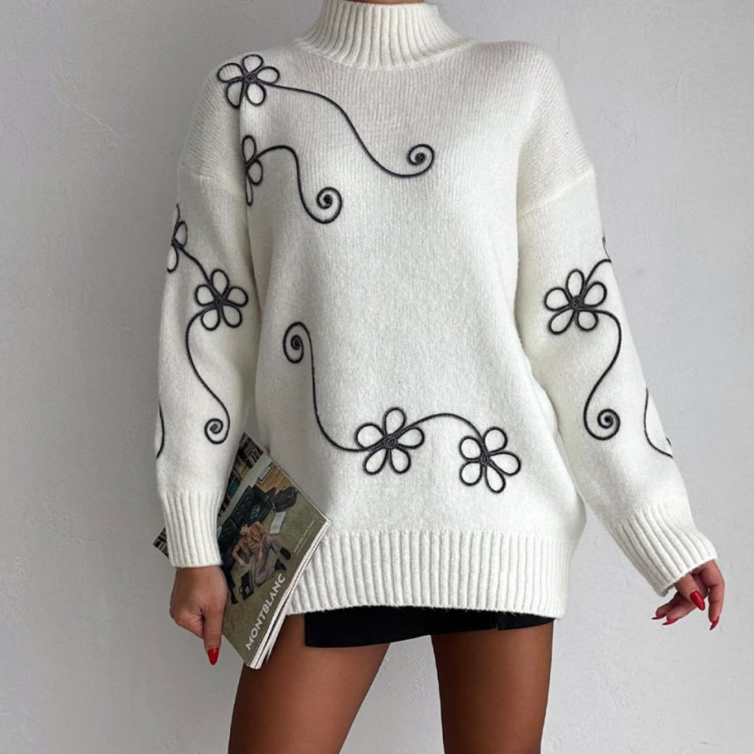 White Sweater With Gray Flowers