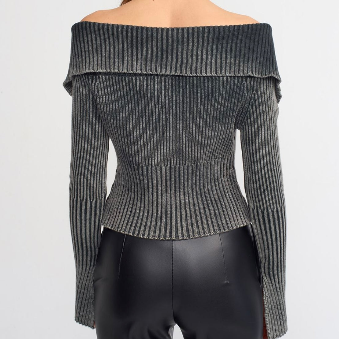 Gray Off-Shoulders Sweater Top