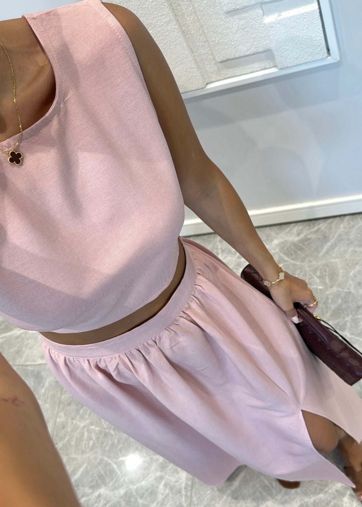 Pink Slit Skirt Set