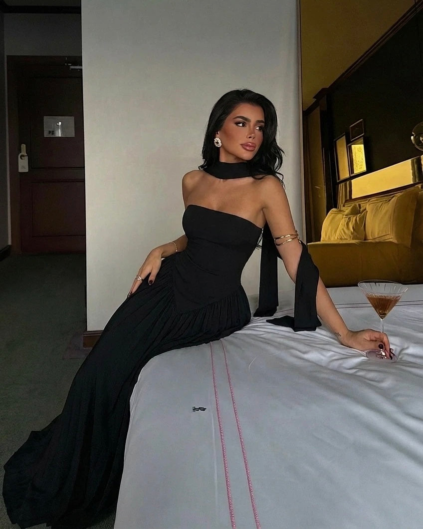 Black Strapless Maxi Dress With Scarf Detail
