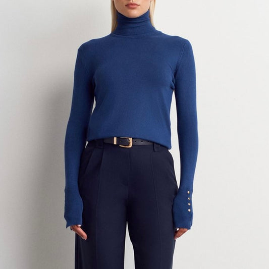 Blue Button Sleeve Turtleneck
