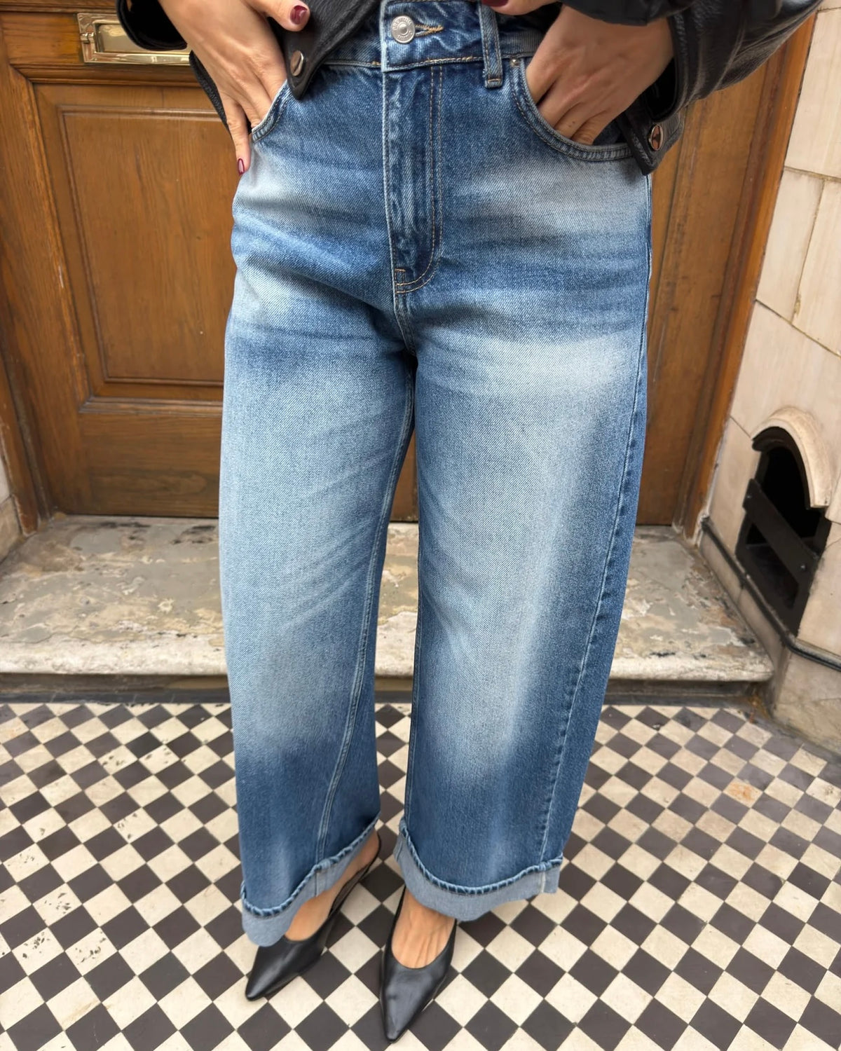 Fold-over Blue Denim Pants