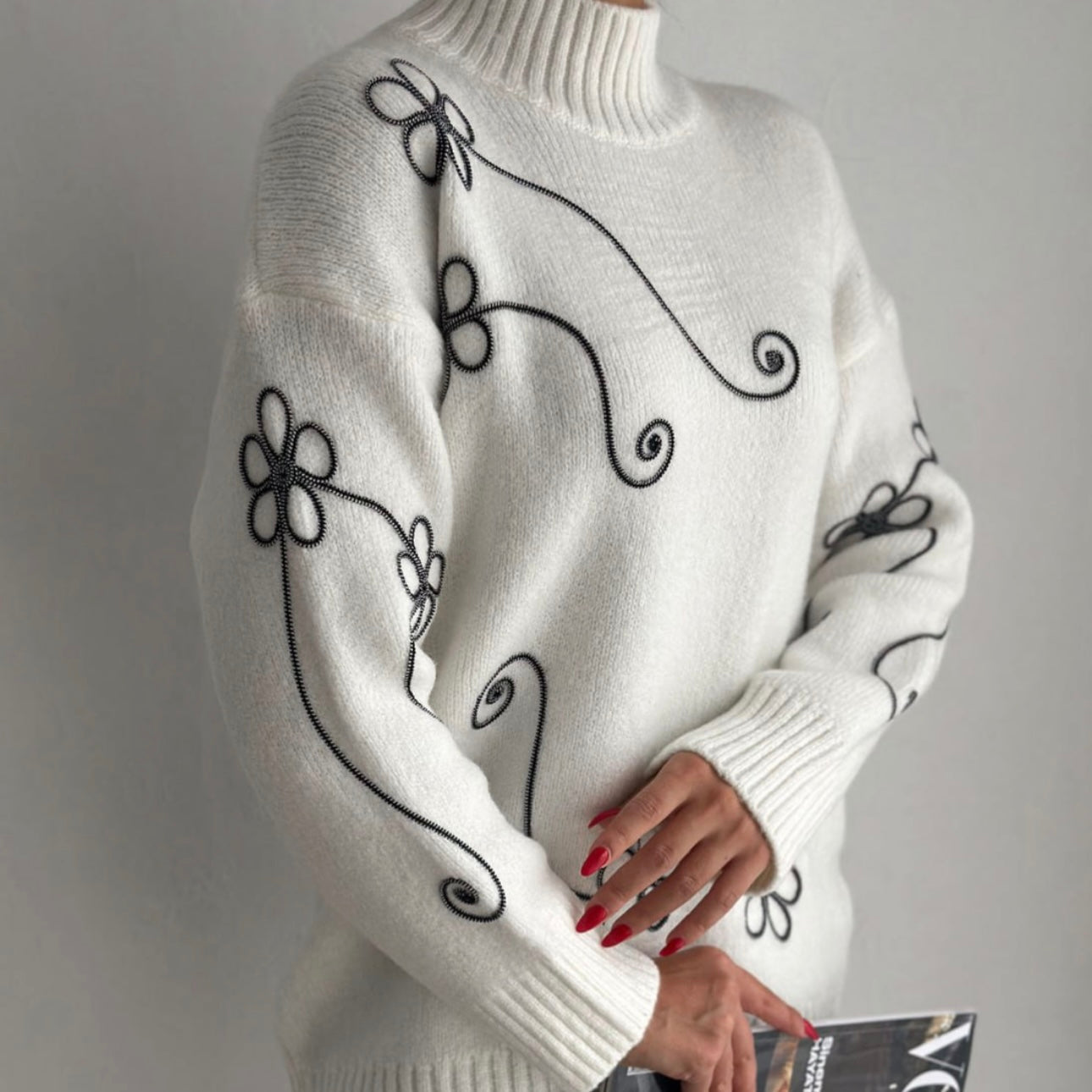 White Sweater With Gray Flowers