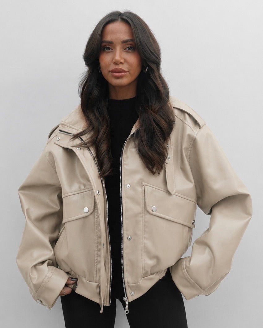 Beige Leather Bomber Jacket