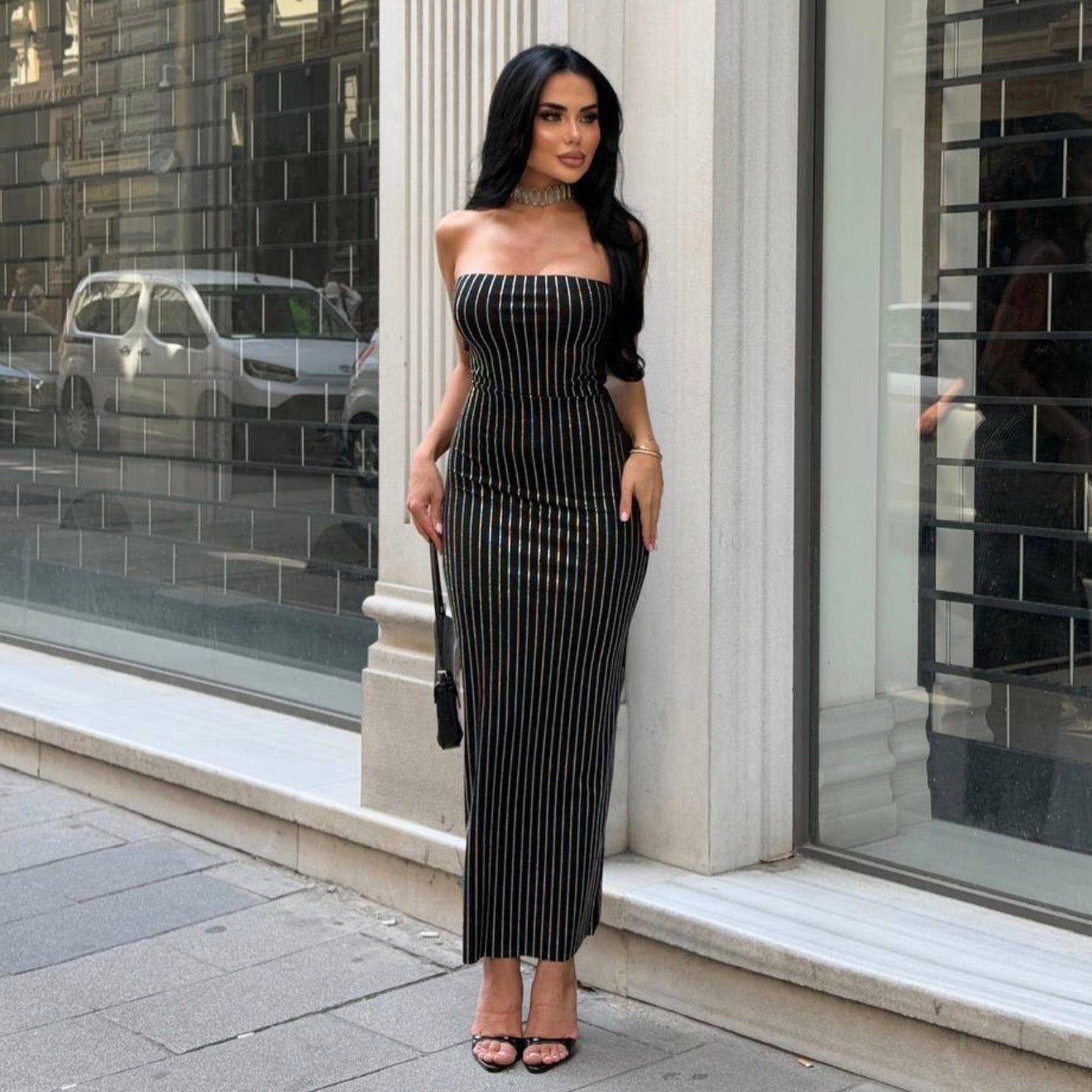 Black Long RhineStones Dress