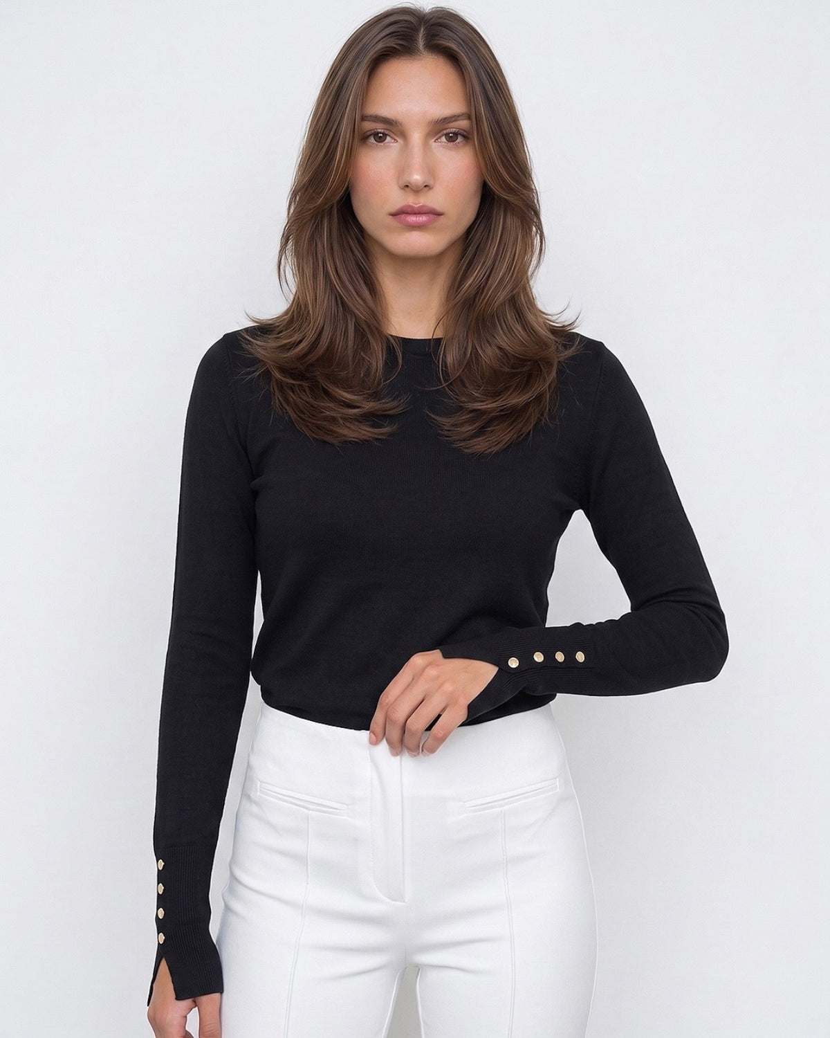 Black Basic Button Sleeves Knit Top