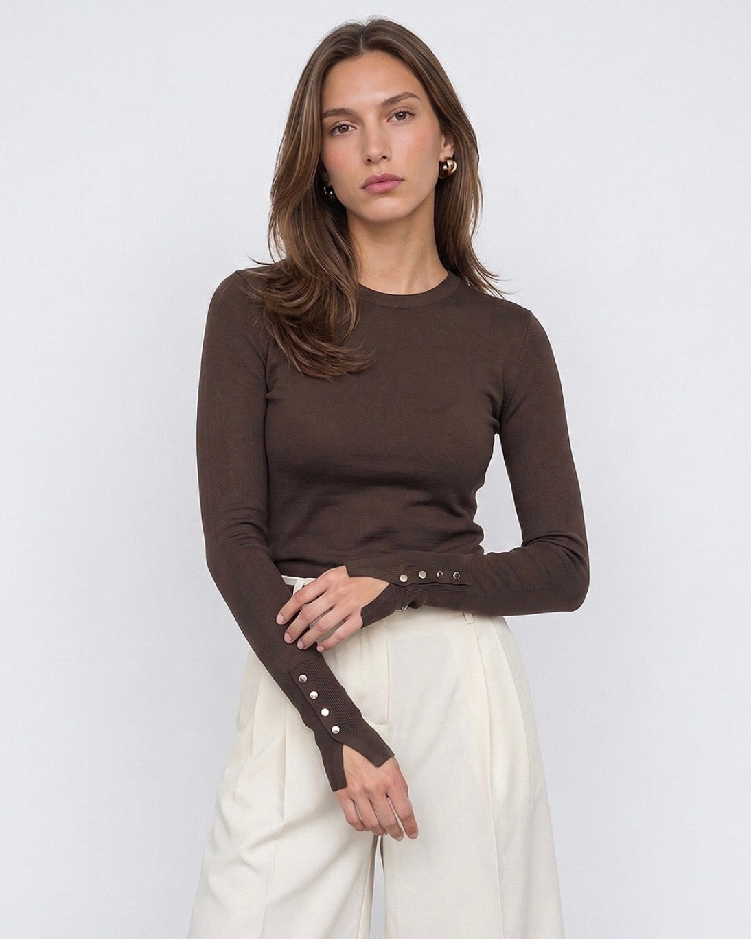 Brown Basic Button Sleeves Knit Top