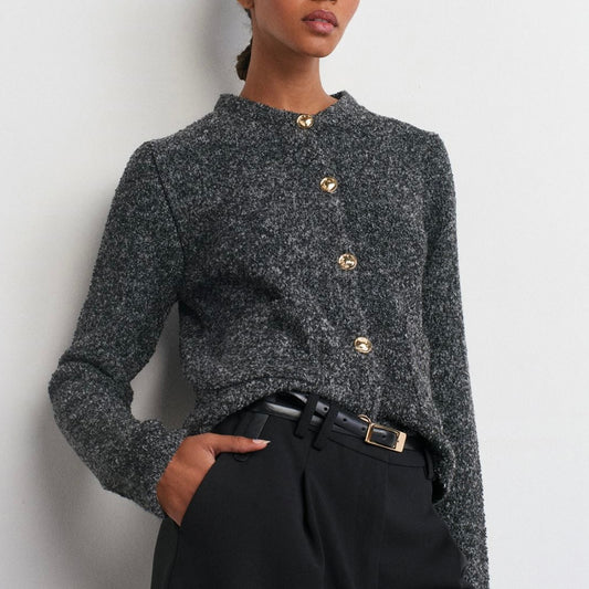 Gray Cardigan with Gold Buttons
