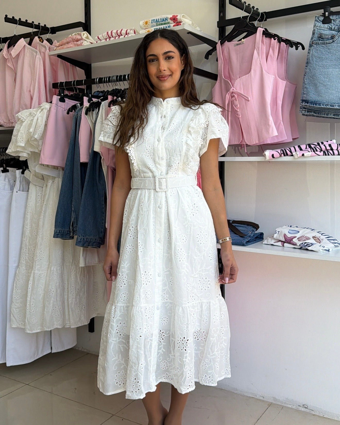 White Embroidered Belted Dress