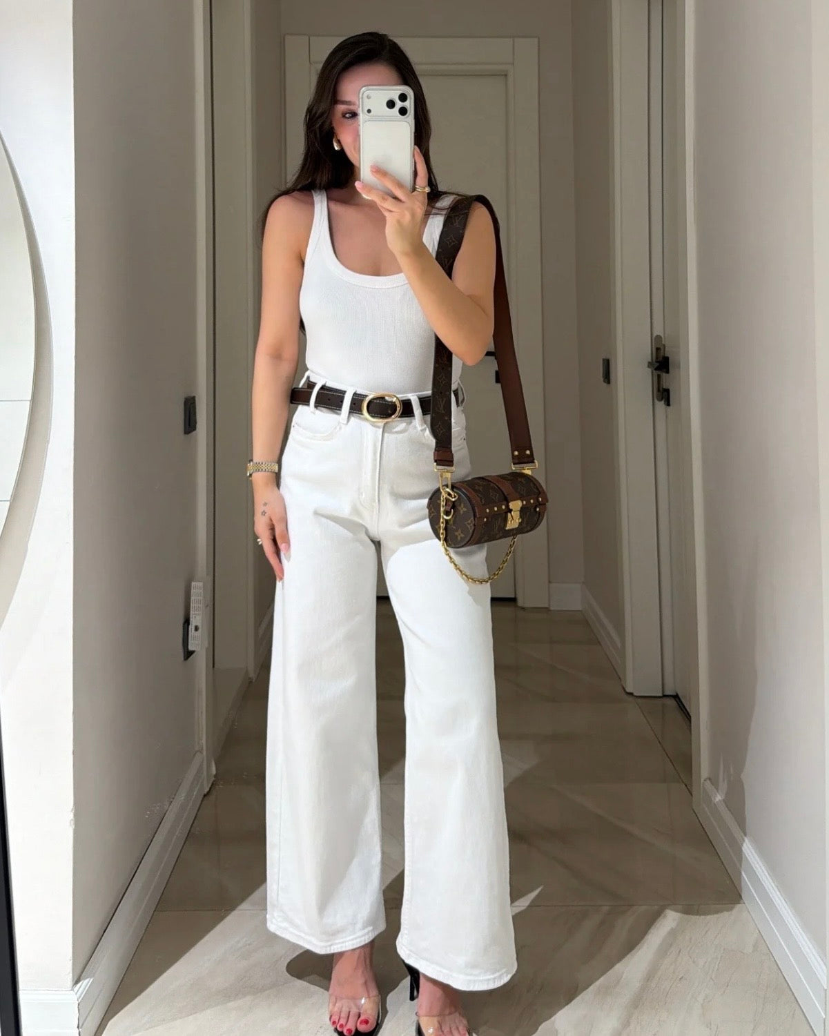 White Denim Pants With Belt