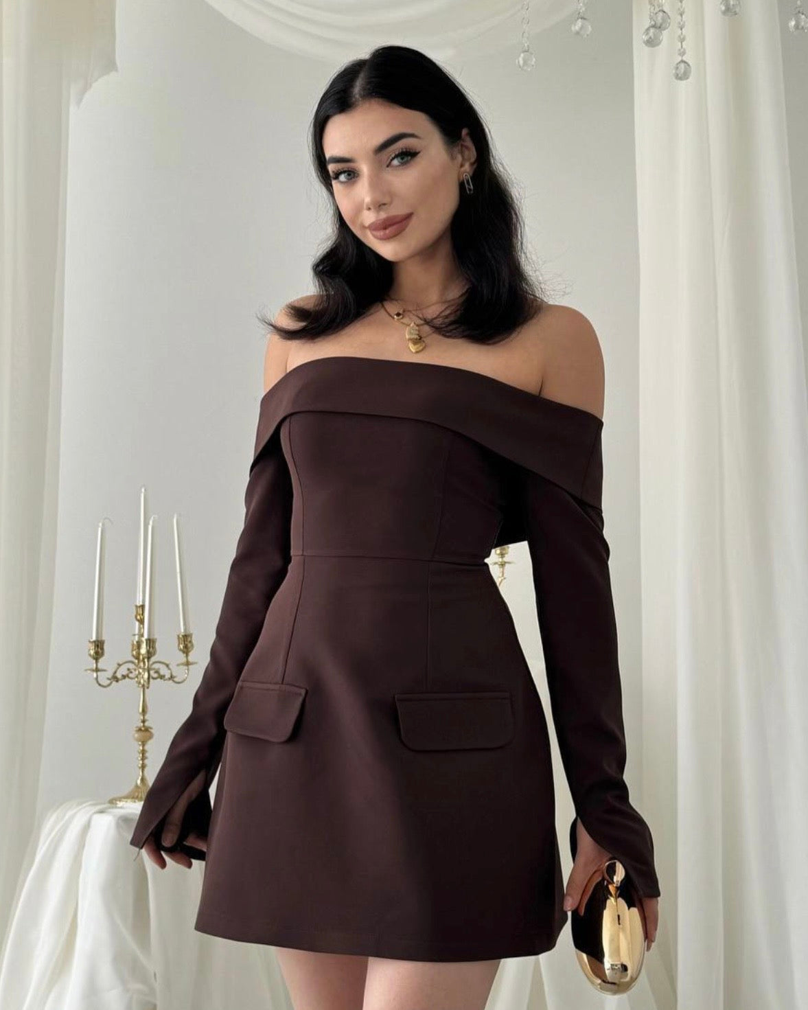 Off-Shoulders Brown Dress
