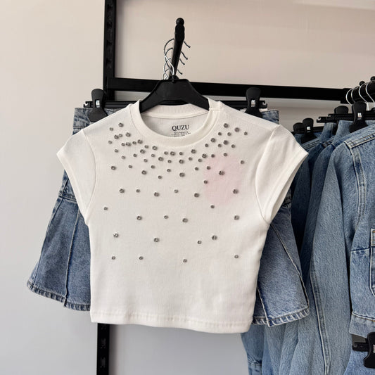 White Rhinestones Crop Top