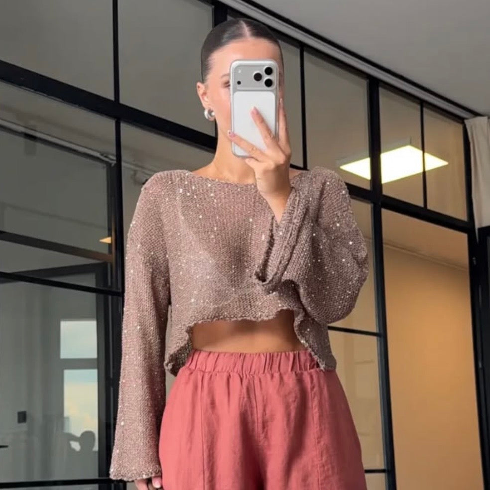 Beige Sparkly Mesh Top