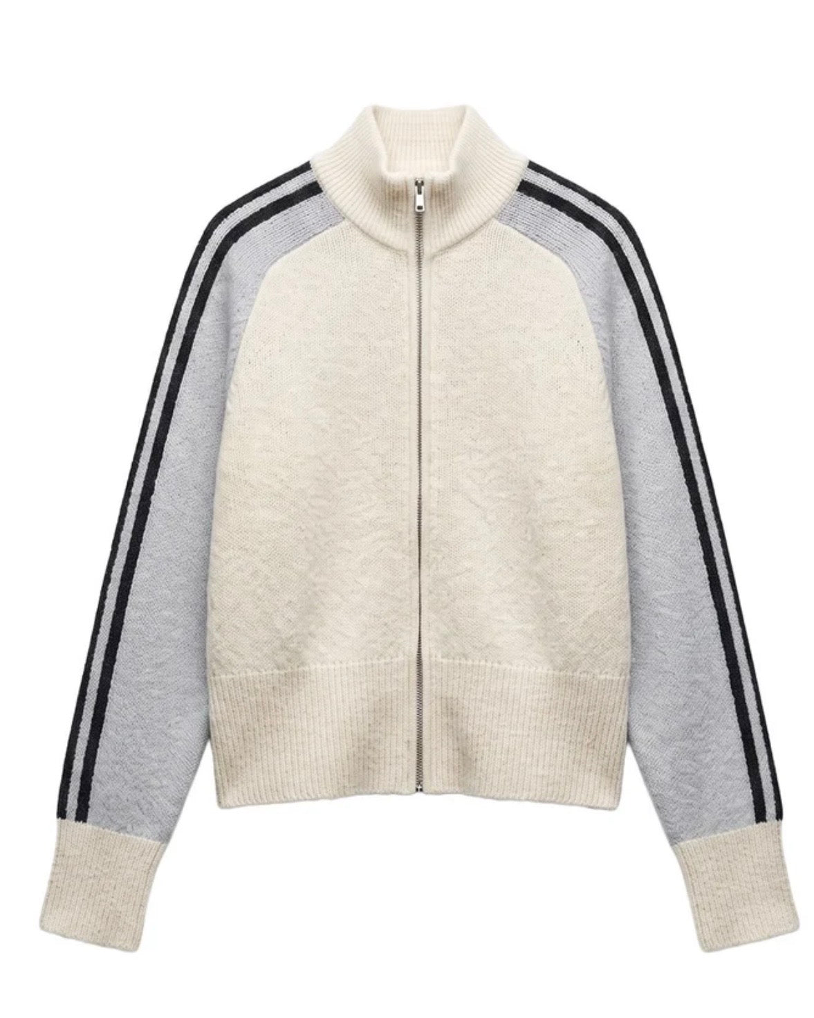 Beige Striped Zip Up Sweater