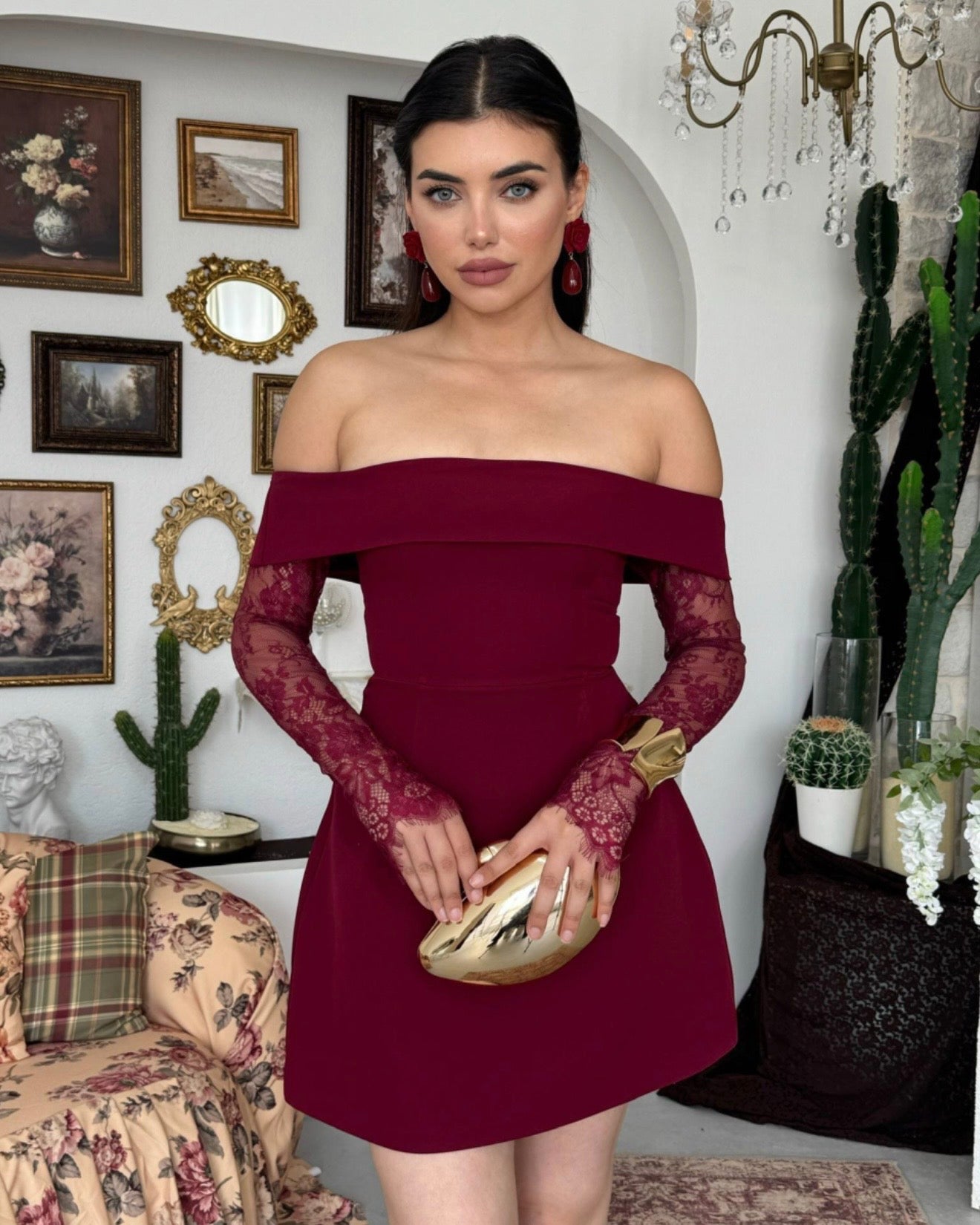 Burgundy Off-Shoulders Lace Dress