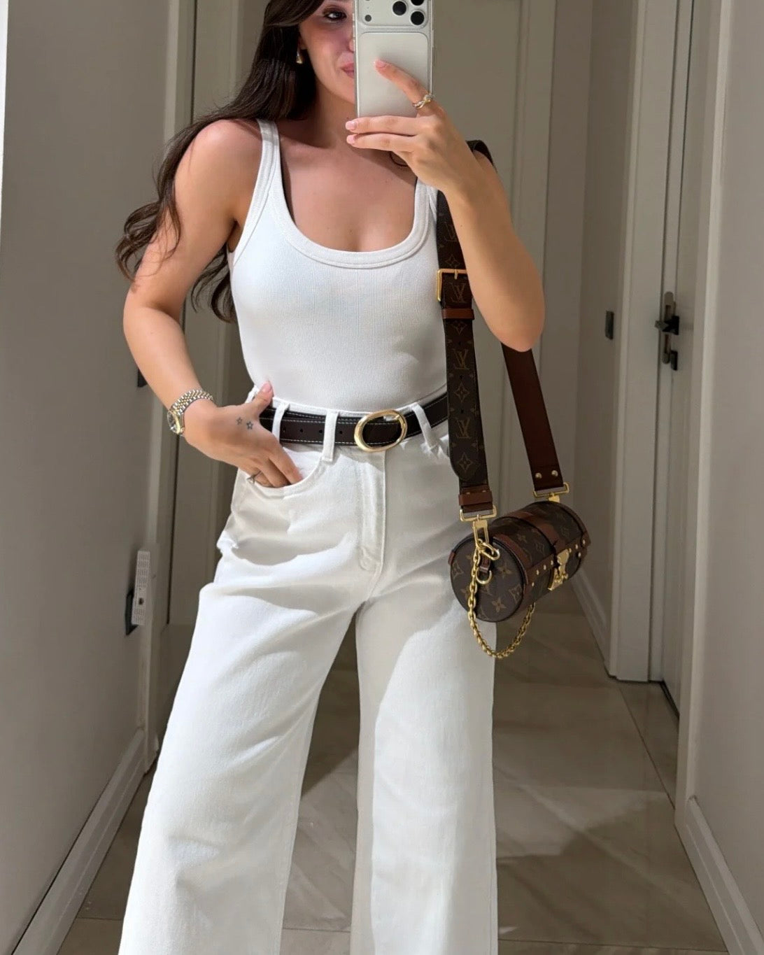White Denim Pants With Belt