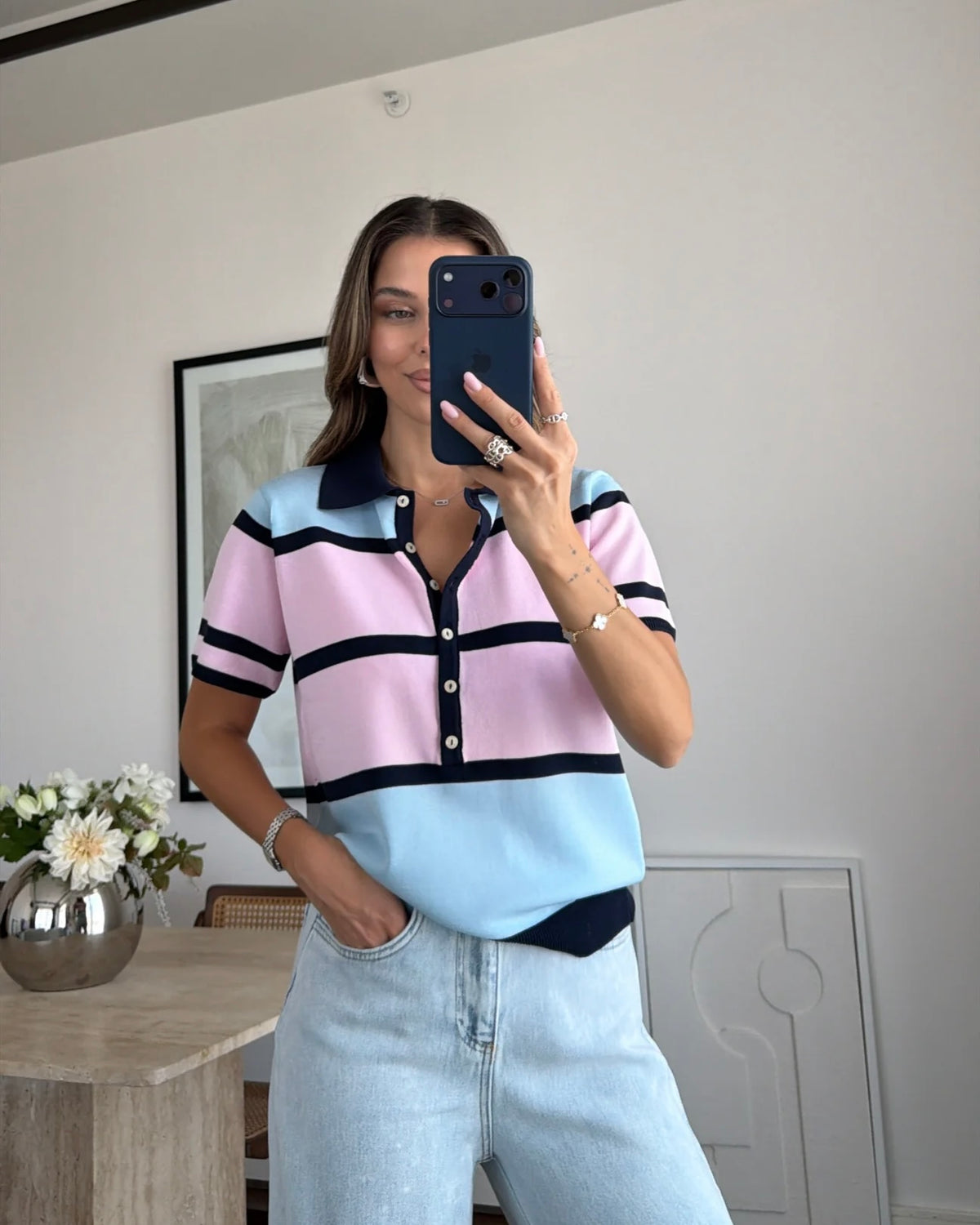 Pink And Blue Striped Top