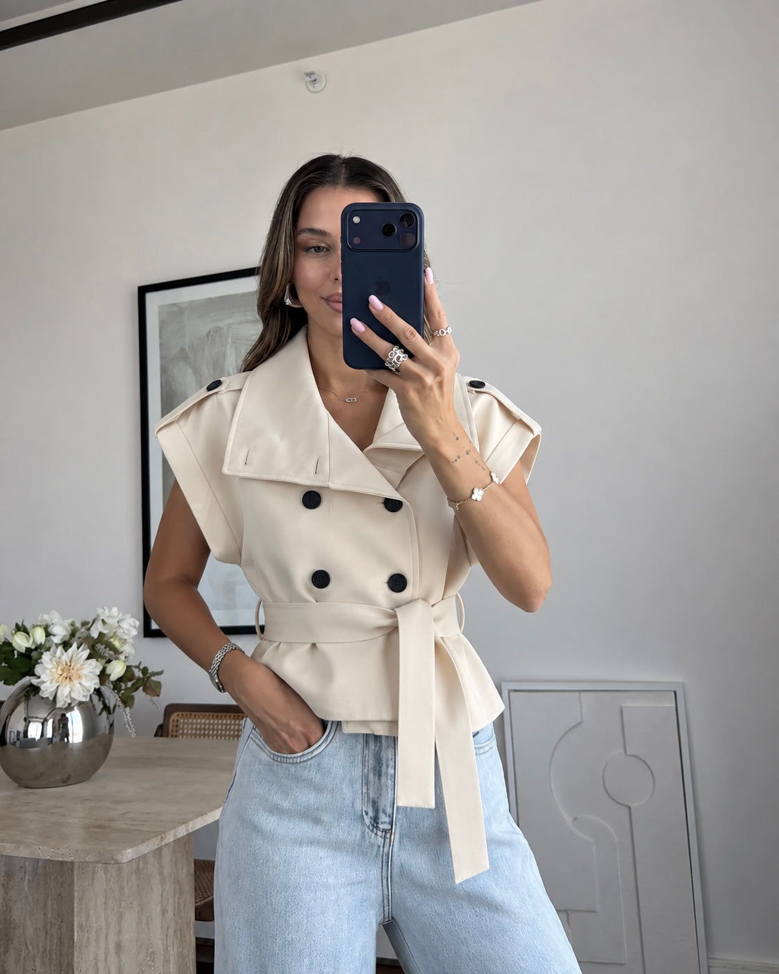 Beige Belted Trench Vest
