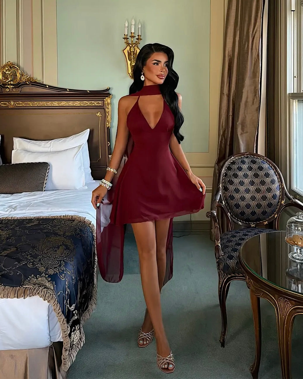 Burgundy Scarf Mini Dress