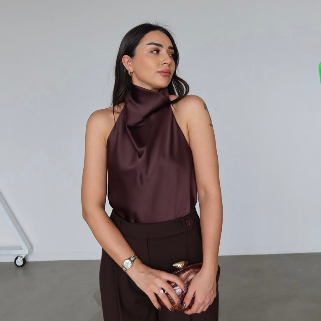 Brown Satin Halter Neck Top