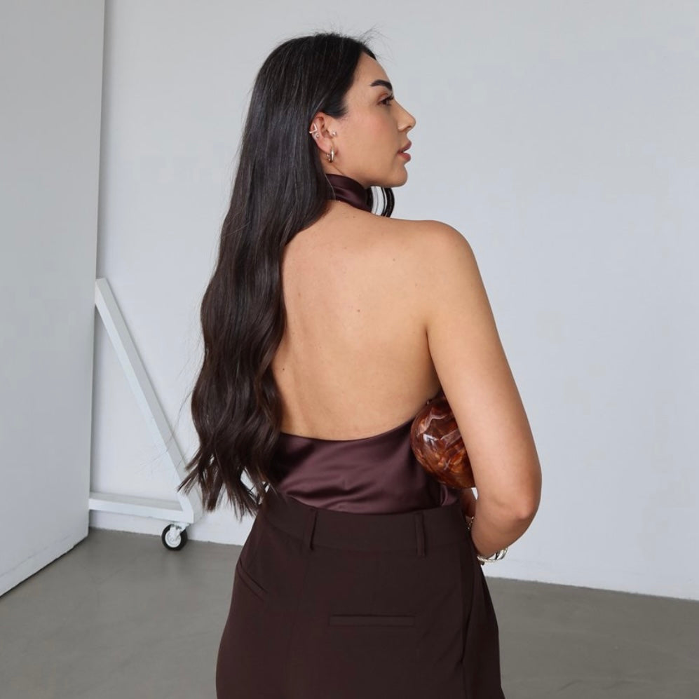 Brown Satin Halter Neck Top