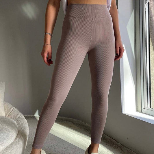 Dark Beige Ribbed Fleece Leggings