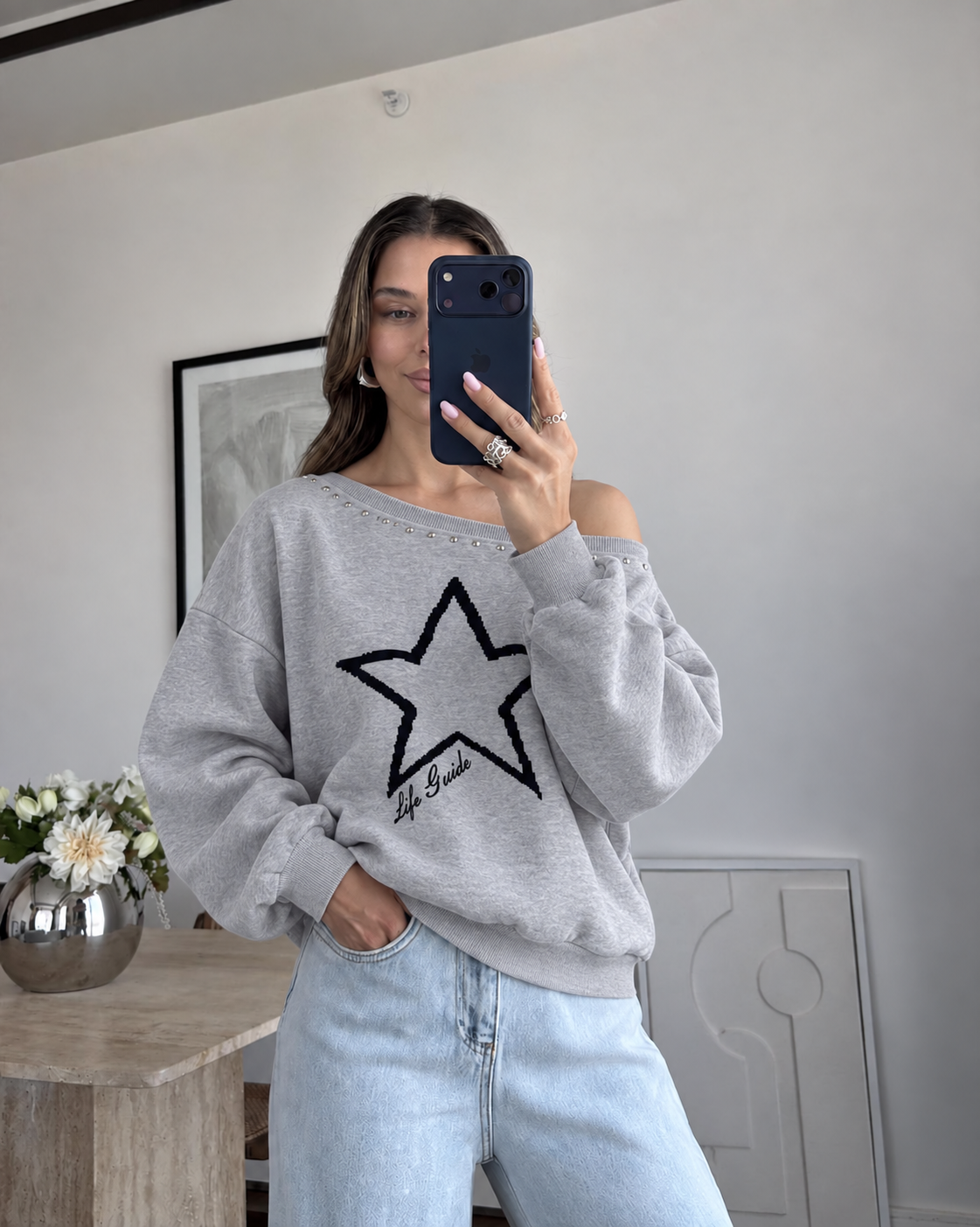 Gray Off-Shoulders Sweatshirt