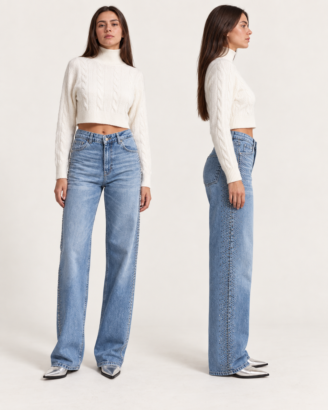 Blue Rhinestones Denim Pants