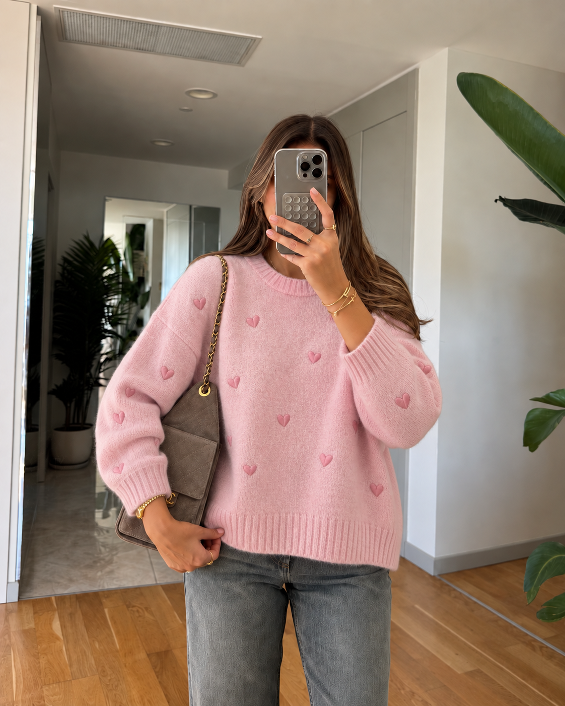 Pink Heart Stitching Sweater