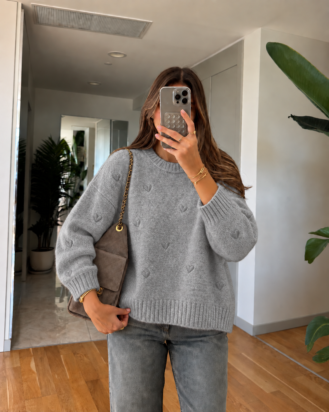 Gray Heart Stitching Sweater